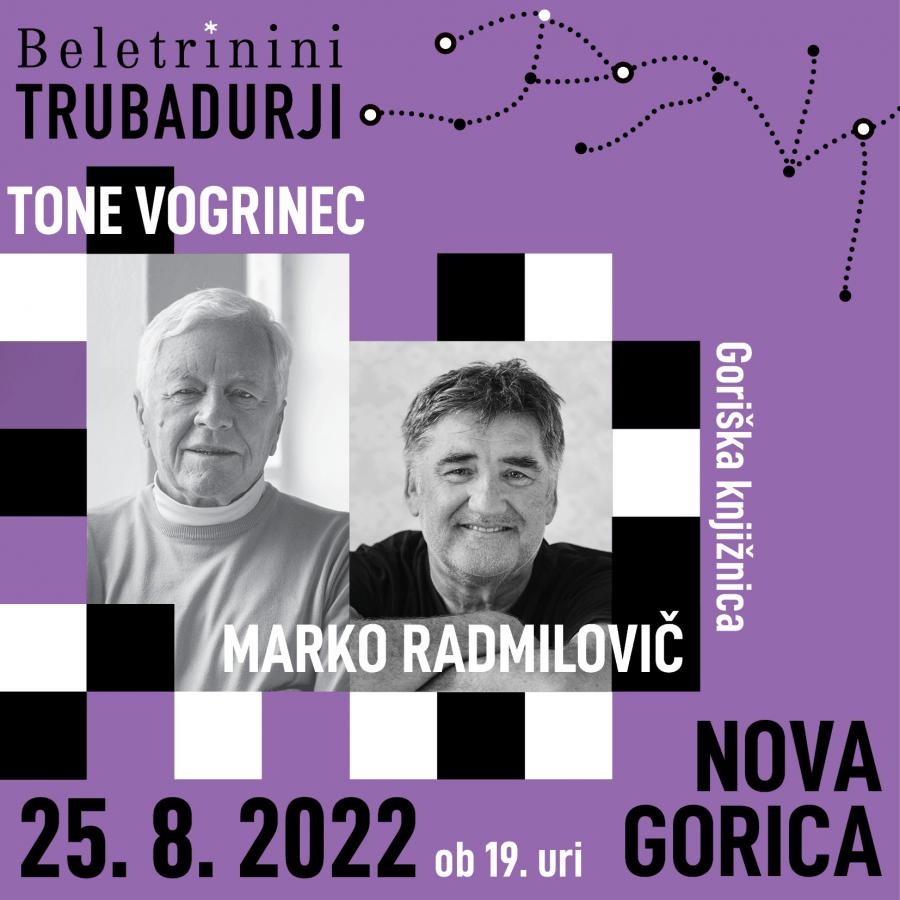 Plakat za dogodek z imenom "Belletrinini TRUBADURJI", ki bo v Goriški knjižnici 25. 8. 2022 ob 19:00.